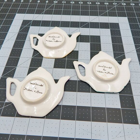 Milson & Louis Hand Painted Floral Ceramic Teapot Tea Bag Spoon Holder Set Of 3 - Picture 2 of 5